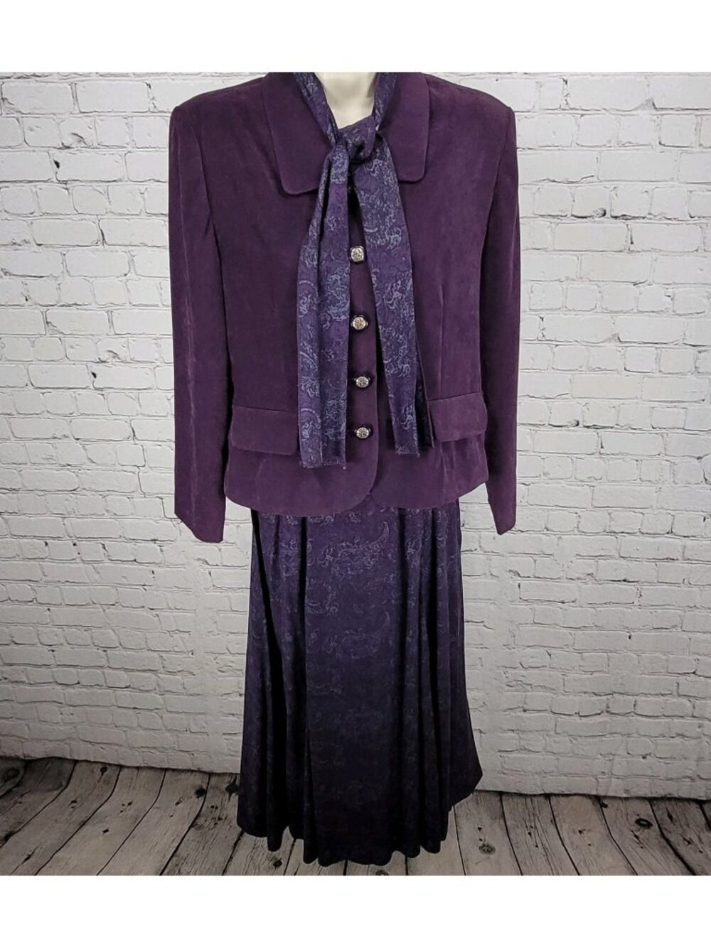 VTG Leslie Fay Purple Paisley 3 Piece Set Jacket Skirt Suit Scarf Outfit 10P